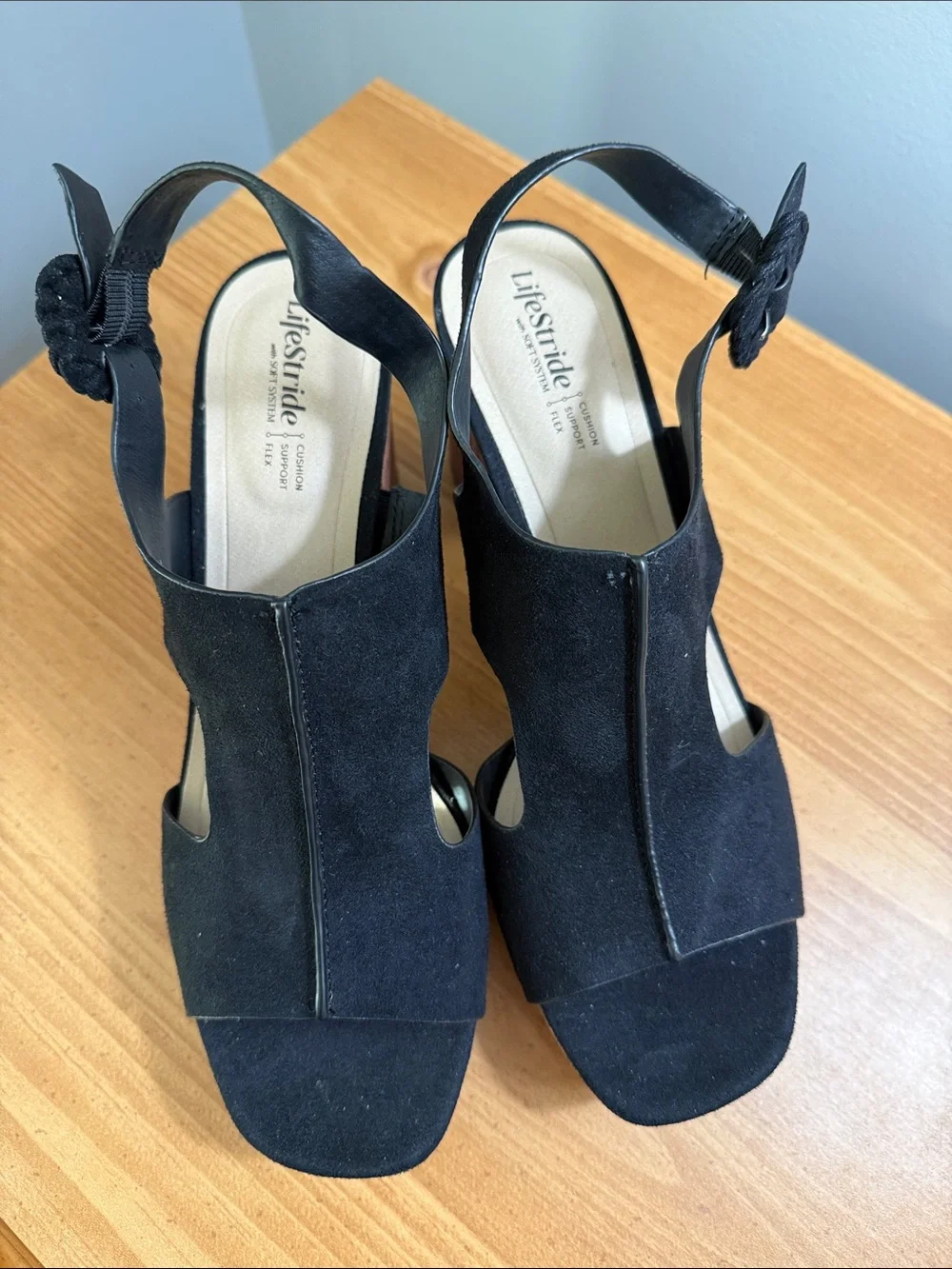 LifeStride Audra Black Faux Suede Platform Sandals with Wood-Effect Block Heel